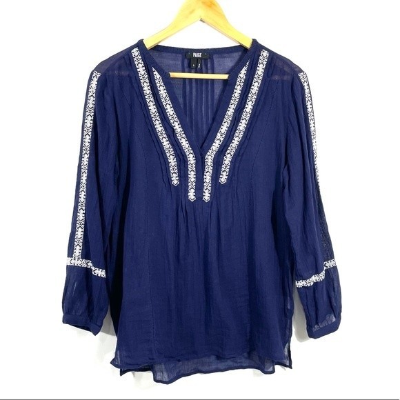 PAIGE Tess Navy Embroidered Long Sleeve Top Evening Blue - Picture 5 of 11